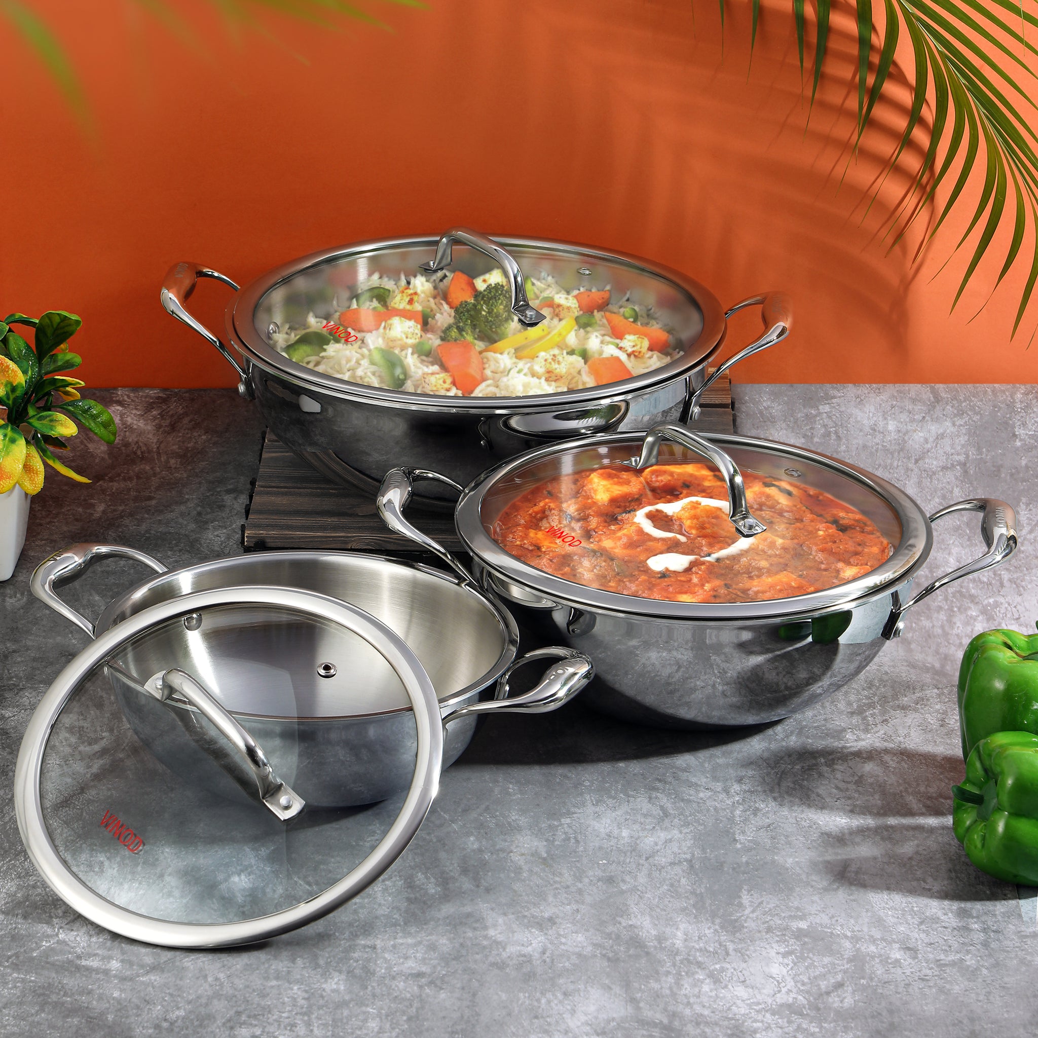 Vinod Platinum Triply Stainless Steel Extra Deep Kadai with Lid